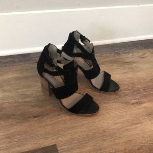 Hinge black suede block heeled sandals